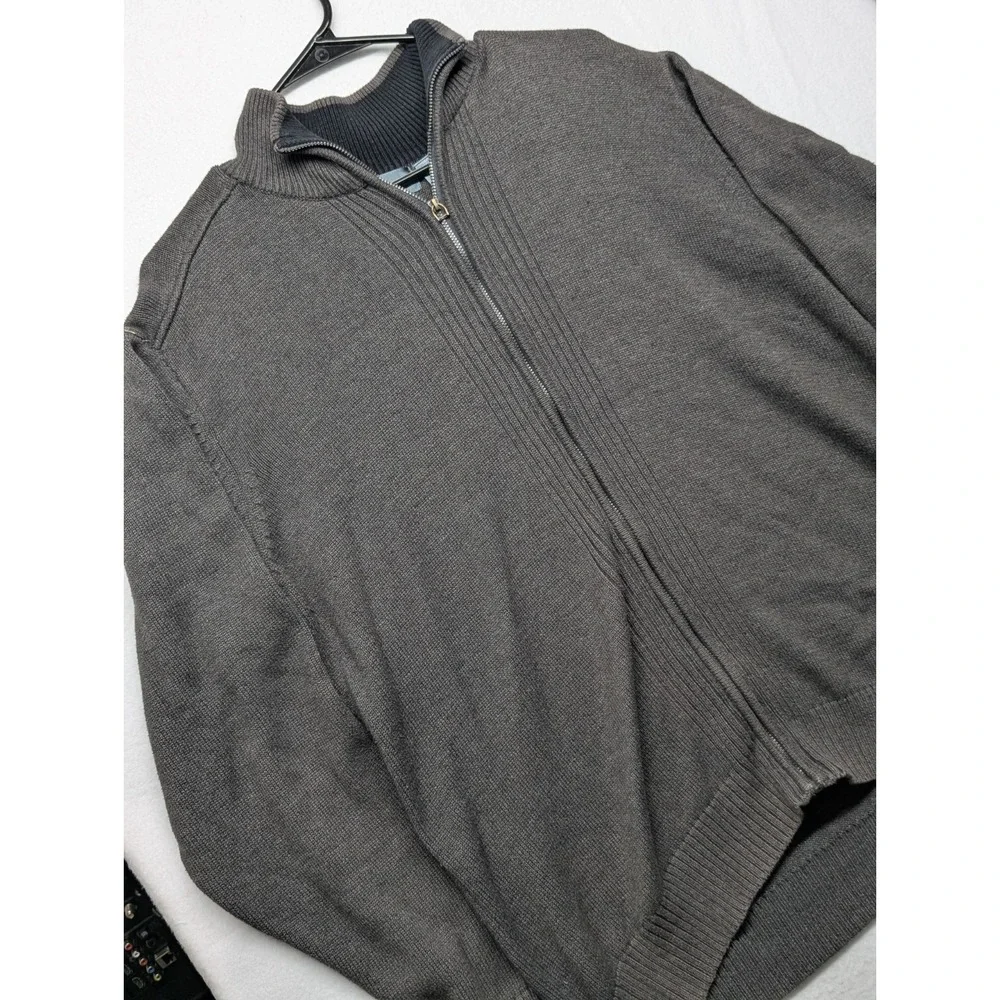 Oscar de la Renta Full Zip Up Sweater Mens XL Gray Mock Neck Ribbed Knit Dadcore
